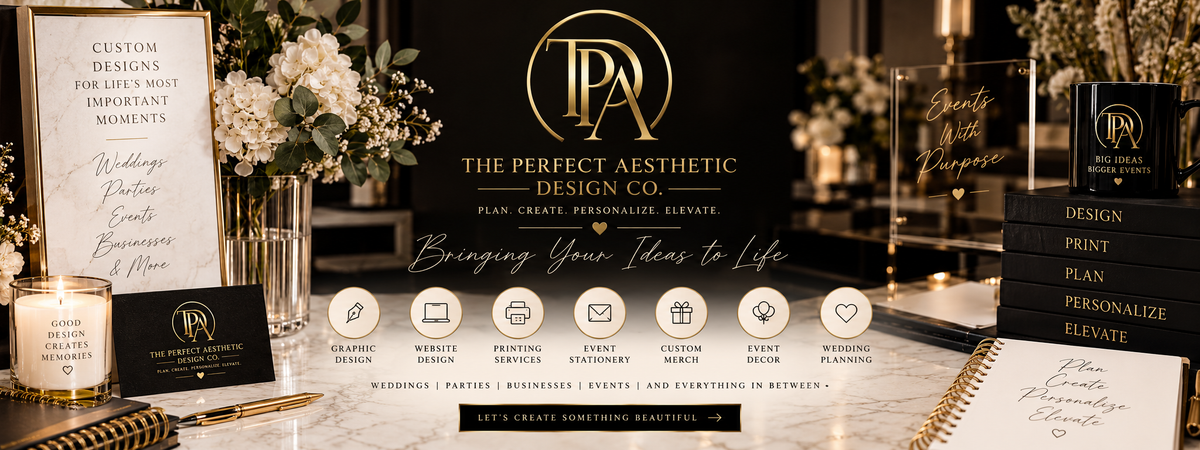 A styled promotional banner for 'The Perfect Aesthetic Design Co.' featuring a black background with gold and white branding, wedding-themed decor including white flowers, candles, and black boxes, and several service icons such as 'Custom Designs', 'Wedding Planning', and 'Event With Purpose'.